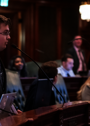 A student public speaking.