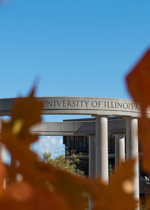 UIS colonnade in the background with autumn trees in the foreground
