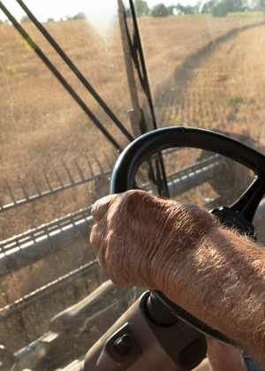 close up of hands on the wheel of a combine
