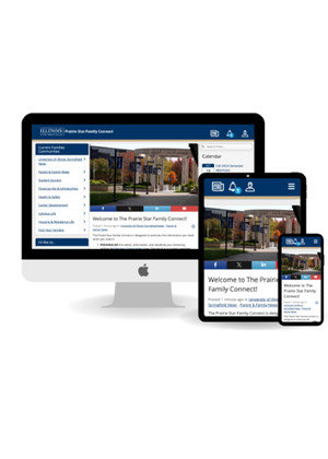 Responsive design of the Prairie Star Family Connect portal shown on desktop, tablet and mobile screens.