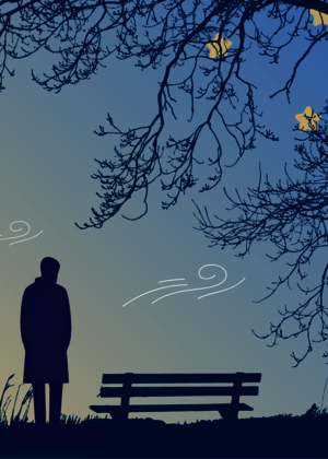 A graphic of a man looking sad at night.