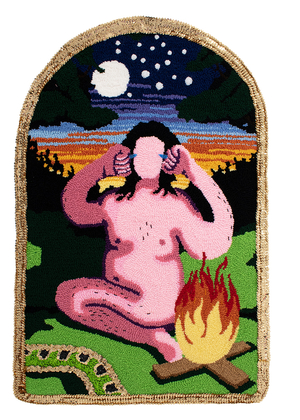 A tapestry shows a pink human figure sitting cross-legged near a campfire, with a snake and nighttime landscape in the background.