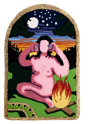 A tapestry shows a pink human figure sitting cross-legged near a campfire, with a snake and nighttime landscape in the background.