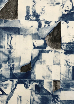 Abstract artwork with a grid of blue and white patches, featuring torn paper and exposed areas revealing different textures underneath.
