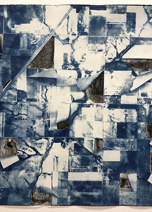 Abstract artwork with a grid of blue and white patches, featuring torn paper and exposed areas revealing different textures underneath.