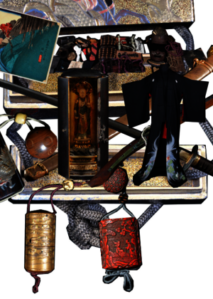 This image is a collection of artifacts used for the mentioned exhibit, and includes swords, kimonos, photographs, and inros.