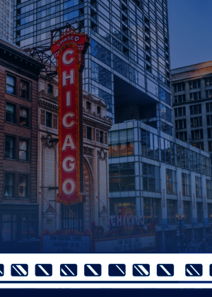 Chicago theatre with a graphic of a train.