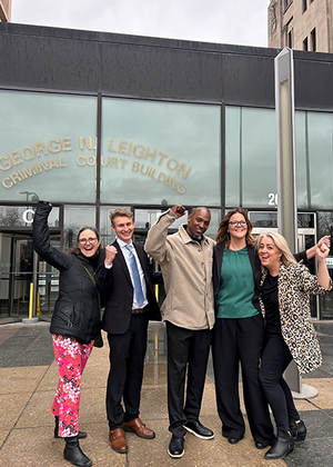 Lynn Bagley, Brandon Klages, Jerry Herrington, Leanne Beyer, and Lauren Kaeseberg celebrate Herrington’s exoneration.
