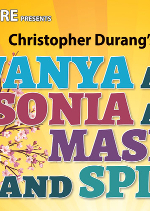 A yellow background featuring a tree with pink flowers. The text reads: "UIS Theatre presents Christopher Durang's comedy Vanya and Sonia and Masha and Spike."
