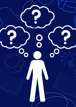 A stick figure with questions in thought bubbles.