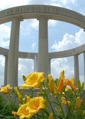 the colonnade in the background with flowers in the foreground