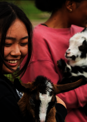 Two students holding goats