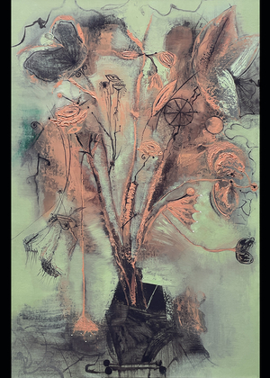 An abstract floral arrangement with mixed media; muted green background, copper accents, and intricate linework creating a whimsical effect.