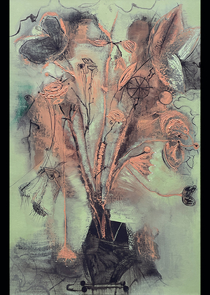 An abstract floral arrangement with mixed media; muted green background, copper accents, and intricate linework creating a whimsical effect.