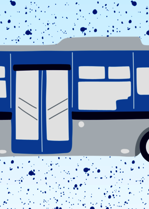 A blue and gray stylized bus is depicted on a light blue, speckled background.