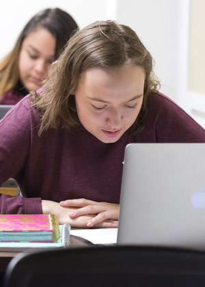 Students in a legal studies class at UIS listen to a lecture and take notes on their laptops.