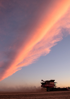 Combine harvester silhouetted against a vibrant sunset sky.