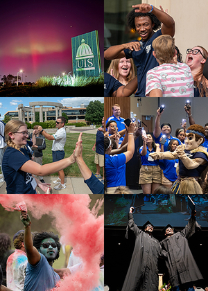 Campus events collage: night light show, group selfies, cheering crowd, high-five, color run, graduation.