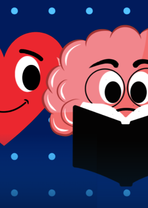 Heart and brain graphic with happy faces reading a book.