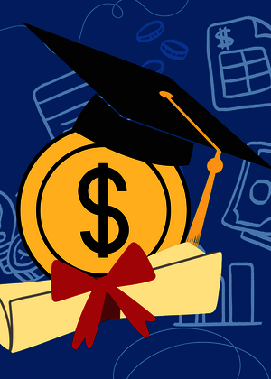 Graduation cap on dollar sign coin and diploma, blue background with financial icons.