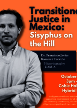 Hybrid event poster with a serious man, orange background.