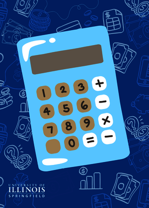 Blue cartoon calculator on a dark blue background with math doodles.
