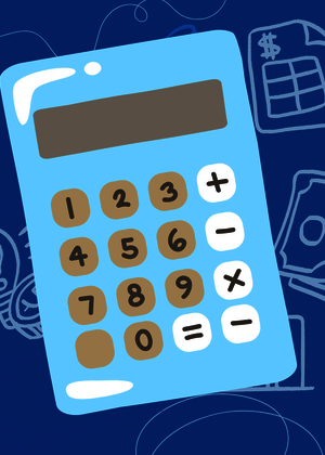 Blue calculator graphic on a dark background with finance icons.