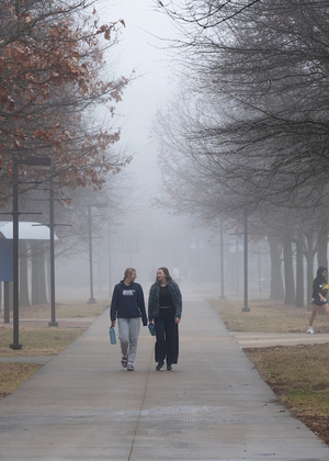 Foggy UIS sidewalk with two people walking, bare trees on either side.