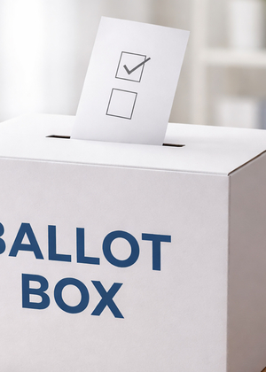 Ballot box with a voting paper, U.S. flag in background.