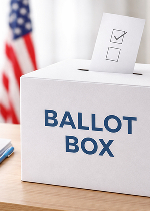 Ballot box on table with envelope, American flag in background.