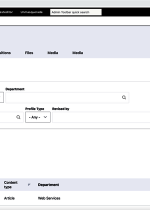 Content management system interface with search filters and a table of results.