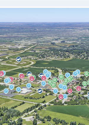 Interactive campus map covered with location markers, showing greenery and city in background