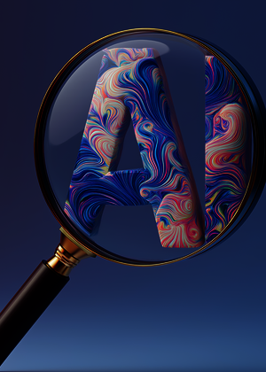 Magnifying glass revealing colorful swirled letter "A" on dark blue background.