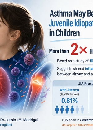 Child using an inhaler with lungs illustration and asthma study details