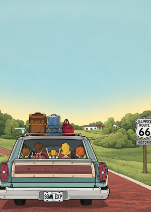 Station wagon with passengers on Route 66, luggage on roof, green landscape.