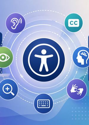 Accessibility icons surrounding a central figure, on a blue gradient background.