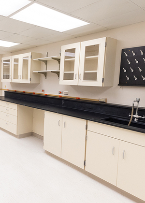 Empty laboratory with beige cabinets and black countertops.