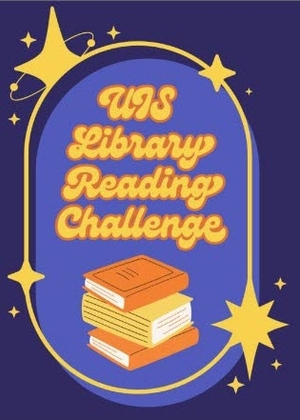 Books stacked below text "UIS Library Reading Challenge" with stars on blue background.