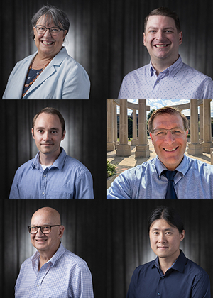 Six people in formal attire, five indoors and one outdoors.