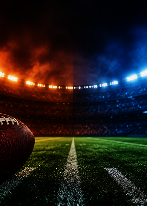 Football on a field, stadium lit in orange and blue lights.