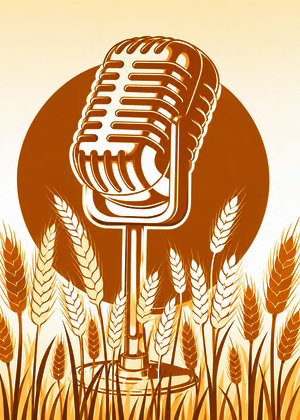 Retro microphone with wheat stalks, sepia-toned graphic.
