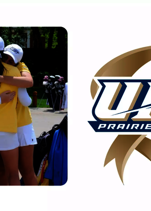 UIS women's golf team celebration photo and UIS Athletics 15th Anniversary of DII membership logo