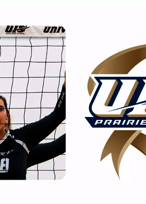 A photo of Alli Split at the net paired with the logo for UIS Athletics NCAA DII 15 Year Anniversary