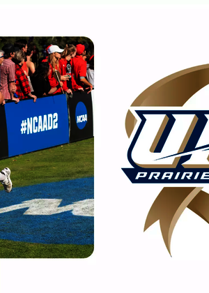 A picture of Blake Jones running at cross country nationals that features the UIS Athletics 15 years of nCAA DII series logo