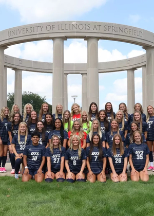 2026 UIS Women's Soccer team photo, athletes in uniform at UIS colonnade
