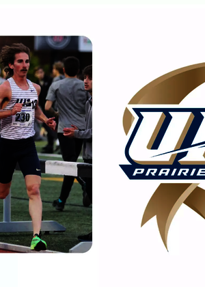 A photo of runners Wyatt McIntyre and Cort Ross racing, paired with UIS Athletics 15 years of NCAA DII anniversary logo