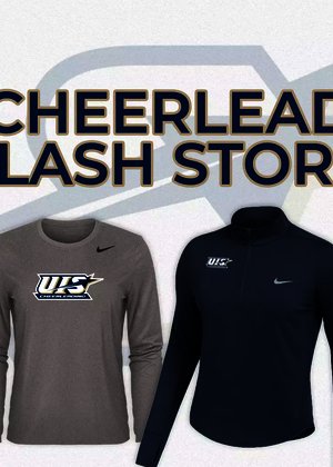 UIS Cheerleading Flash Store graphic. Assorted Prairie Stars gear in blue, white, and gray. 