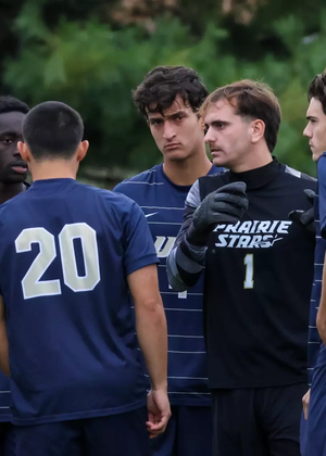 UIS men's soccer huddle at half time