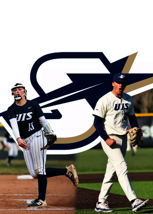 First pitch graphic featuring secondary UIS Athletics logo along with photos of Alexis Carroll and Adam Lindsey