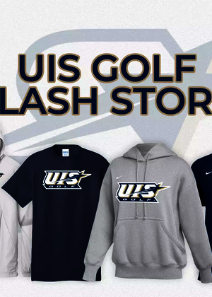  UIS Golf Flash Store graphic. Assorted Prairie Stars gear in blue, white, and gray.